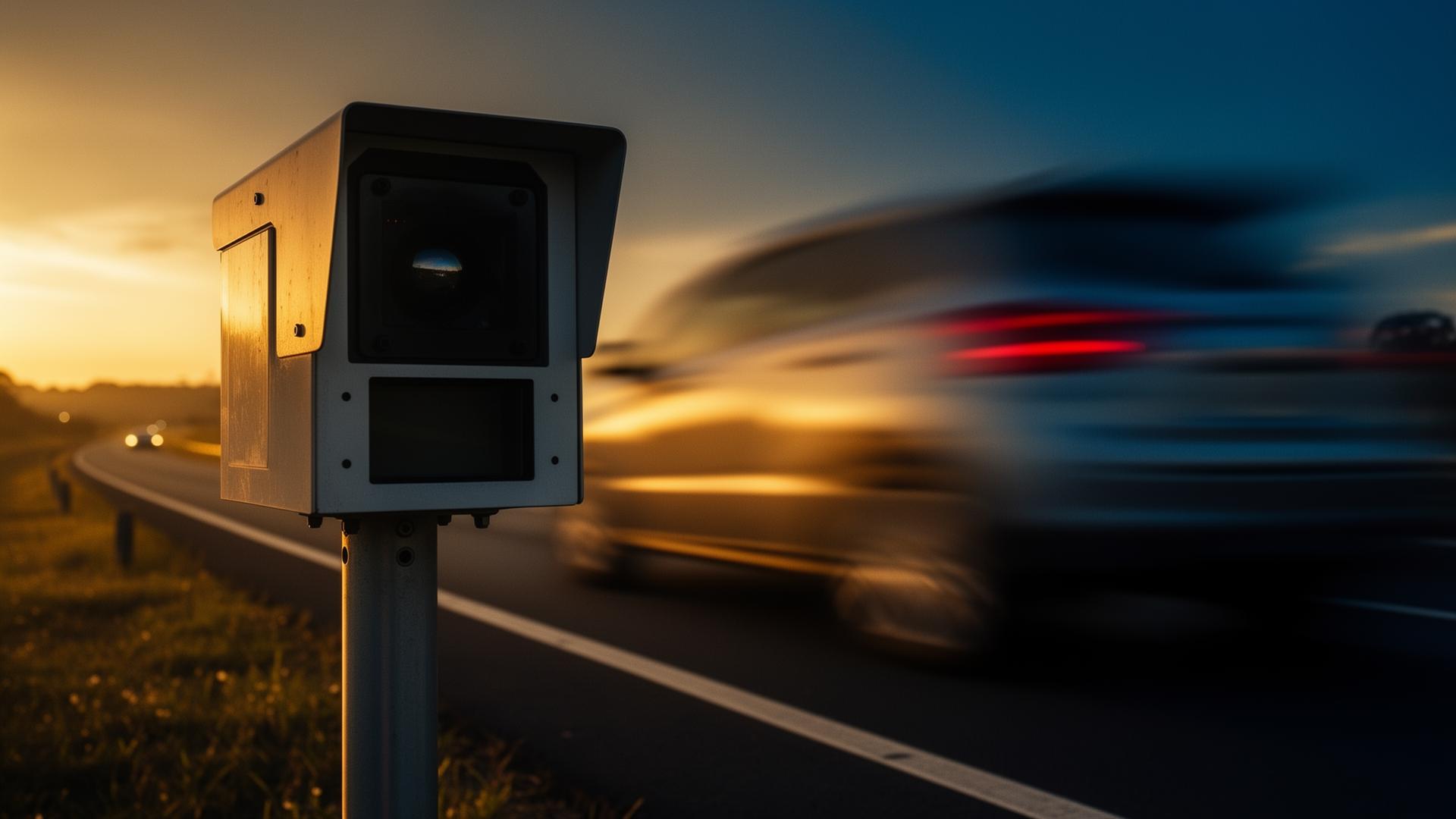 Veículo passando por radar de trânsito ao entardecer